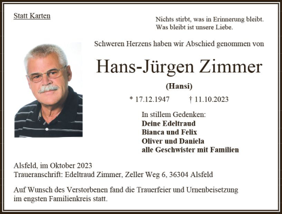 Traueranzeige von Hans-Jürgen Zimmer von VRM Trauer