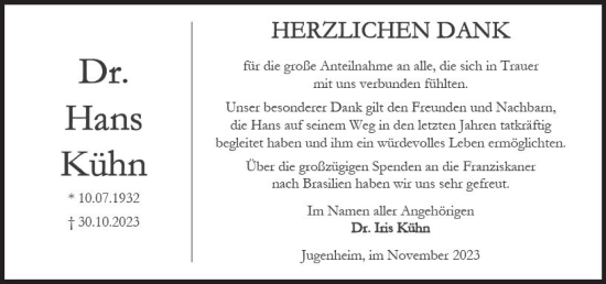 Traueranzeige von Hans Kühn von Allgemeine Zeitung Mainz