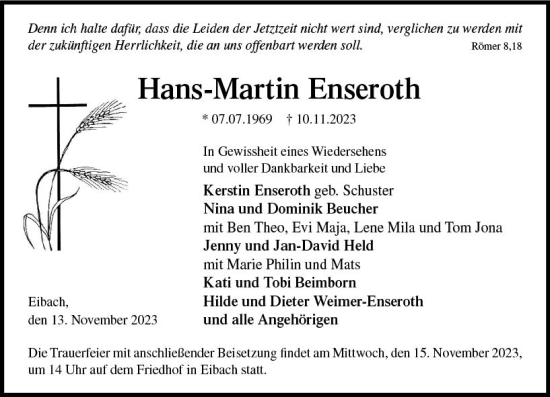 Traueranzeige von Hans-Martin Enseroth von Dill Block