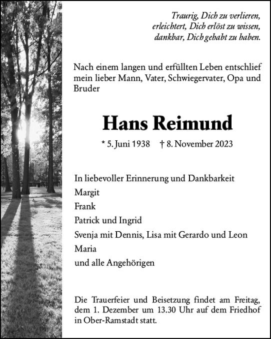 Traueranzeige von Hans Reimund von Darmstädter Echo