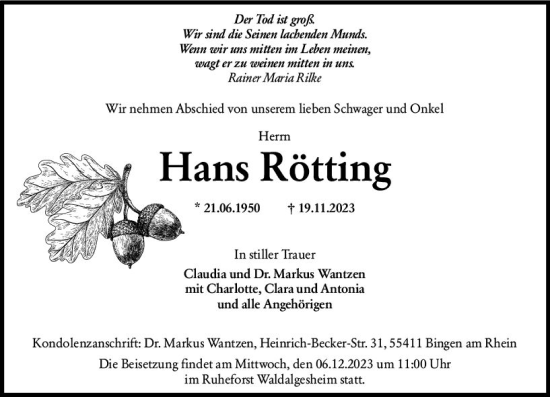 Traueranzeige von Hans Rötting von Allgemeine Zeitung Bingen/Ingelheim