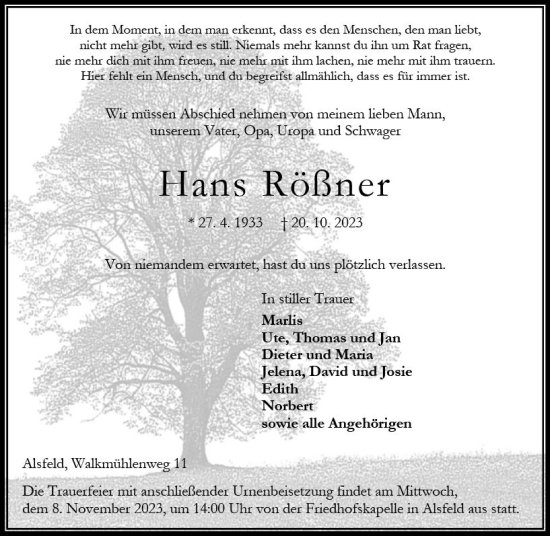 Traueranzeige von Hans Rößner von Oberhessen Kurier