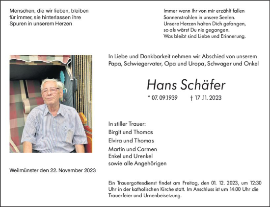 Traueranzeige von Hans Schäfer von Weilburger Tageblatt