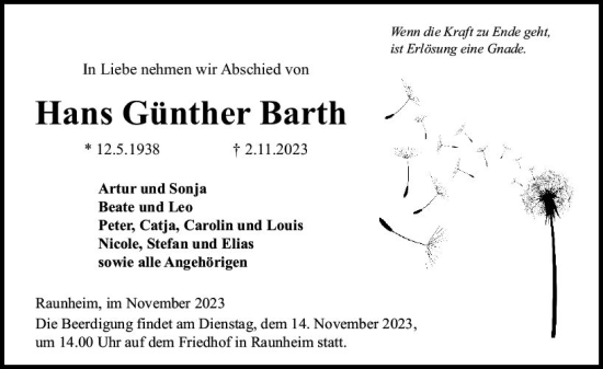Traueranzeige von Hans Günther Barth von Rüsselsheimer Echo