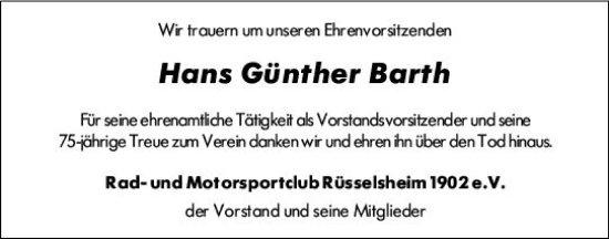 Traueranzeige von Hans Günther Barth von Rüsselsheimer Echo