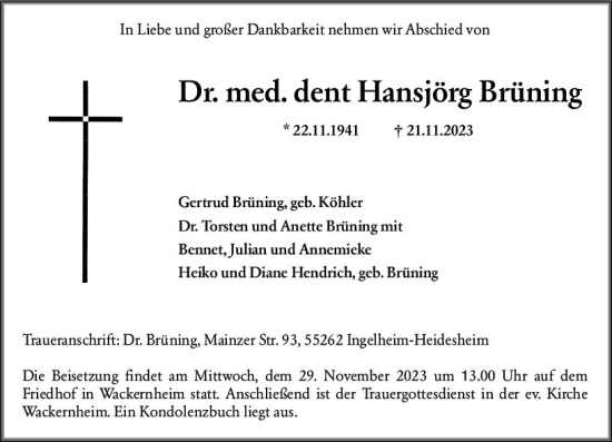 Traueranzeige von Hansjörg Brüning von Allgemeine Zeitung Bingen/Ingelheim