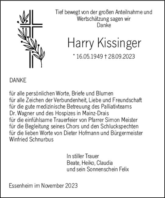 Traueranzeige von Harry Kissinger von Allgemeine Zeitung Mainz