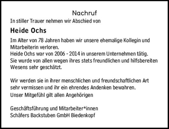 Traueranzeige von Heide Ochs von Hinterländer Anzeiger