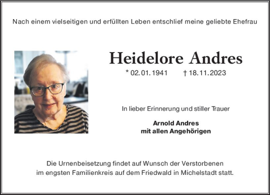Traueranzeige von Heidelore Andres von Odenwälder Echo