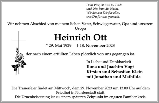 Traueranzeige von Heinrich Ott von Wiesbadener Kurier