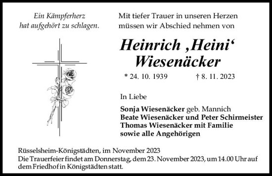 Traueranzeige von Heinrich Wiesenäcker von Rüsselsheimer Echo