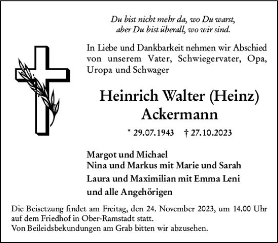 Traueranzeige von Heinrich Walter Ackermann von Darmstädter Echo