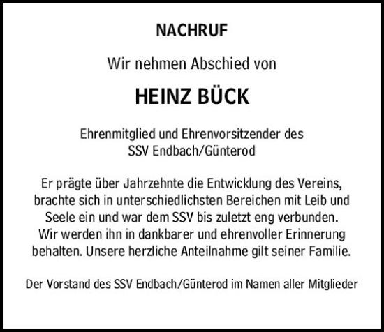 Traueranzeige von Heinz Bück von Hinterländer Anzeiger
