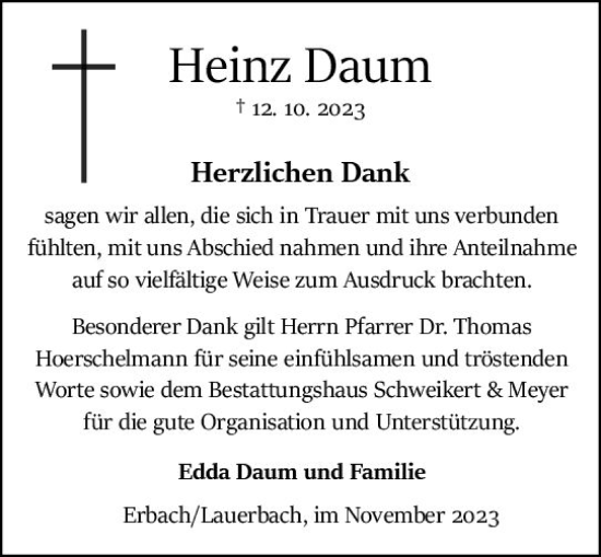 Traueranzeige von Heinz Daum von Odenwälder Echo