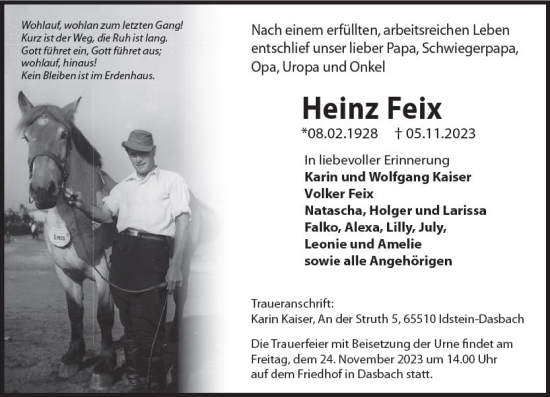 Traueranzeige von Heinz Feix von Idsteiner Land/Untertaunus