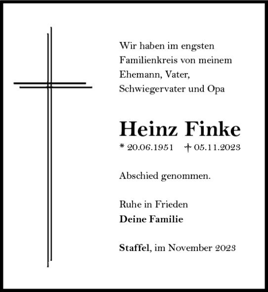 Traueranzeige von Heinz Finke von Nassauische Neue Presse