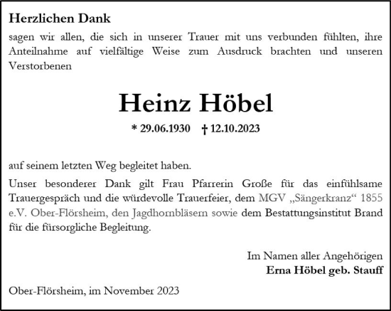 Traueranzeige von Heinz Höbel von Allgemeine Zeitung Alzey