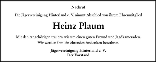 Traueranzeige von Heinz Plaum von Hinterländer Anzeiger