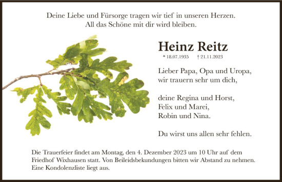 Traueranzeige von Heinz Reitz von Darmstädter Echo