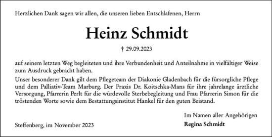 Traueranzeige von Heinz Schmidt von Hinterländer Anzeiger