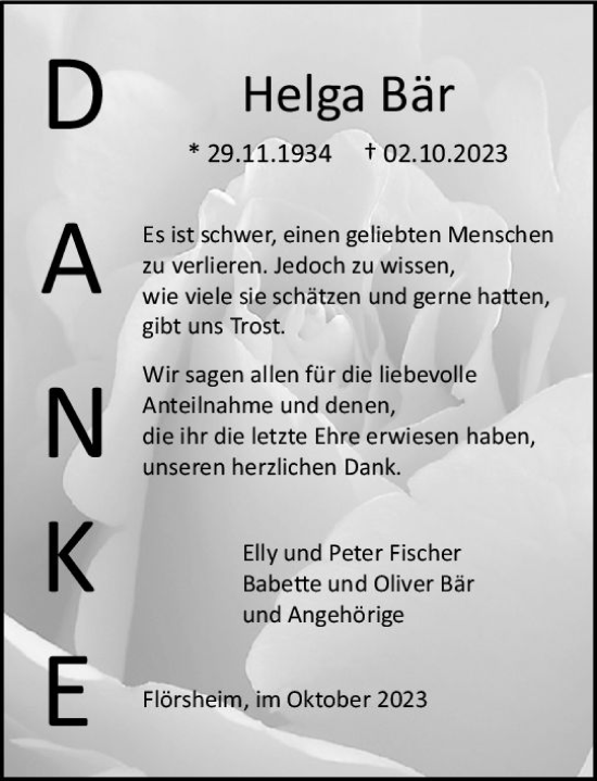 Traueranzeige von Helga Bär von Rüsselsheimer Echo