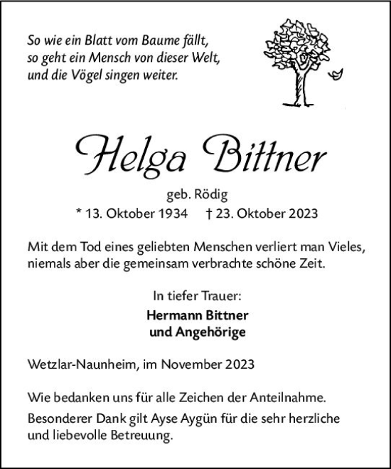 Traueranzeige von Helga Bittner von Wetzlarer Neue Zeitung