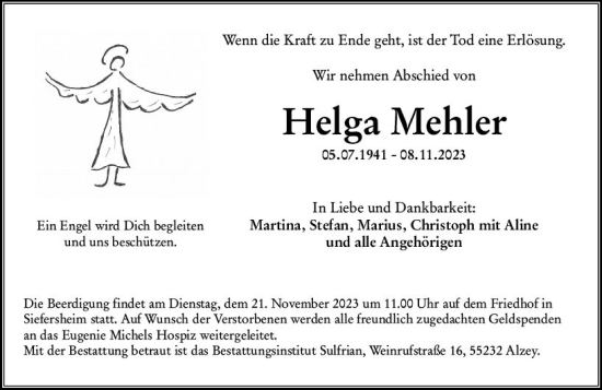 Traueranzeige von Helga Mehler von Allgemeine Zeitung Bad Kreuznach