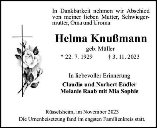 Traueranzeige von Helma Knußmann von Rüsselsheimer Echo
