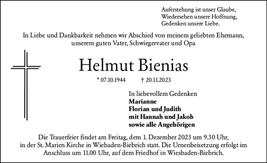 Traueranzeige von Helmut Bienias von Wiesbadener Kurier