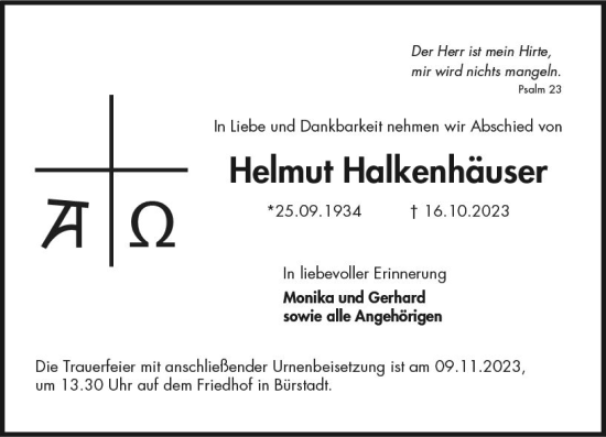 Traueranzeige von Helmut Halkenhäuser von Starkenburger Echo