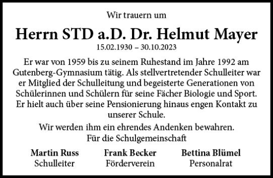 Traueranzeige von Helmut Mayer von Allgemeine Zeitung Mainz