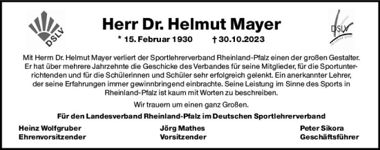 Traueranzeige von Helmut Mayer von Allgemeine Zeitung Mainz