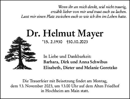 Traueranzeige von Helmut Mayer von Allgemeine Zeitung Mainz