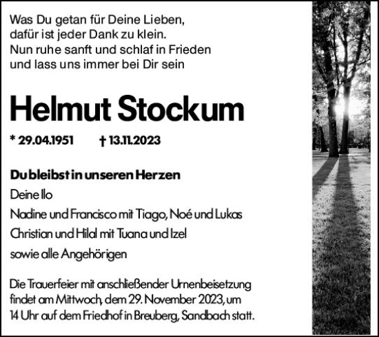 Traueranzeige von Helmut Stockum von Odenwälder Echo