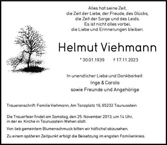Traueranzeige von Helmut Viehmann von Wiesbadener Kurier