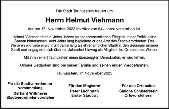 Traueranzeige von Helmut Viehmann von Idsteiner Land/Untertaunus