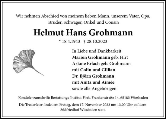 Traueranzeige von Helmut Hans Grohmann von Wiesbadener Kurier