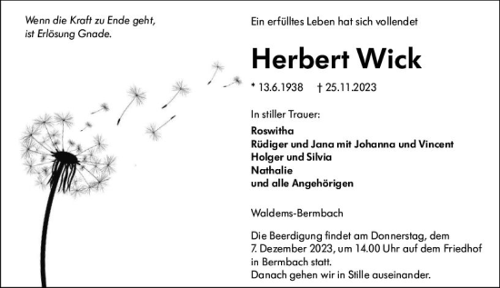 Traueranzeige von Herbert Wick von Camberger Anzeiger