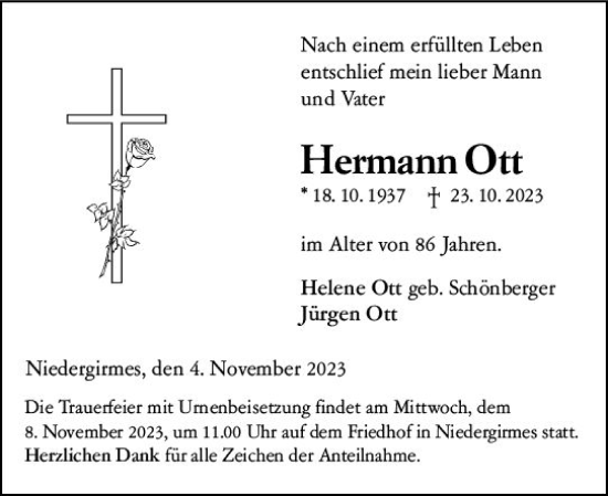 Traueranzeige von Hermann Ott von Wetzlarer Neue Zeitung
