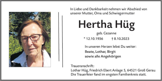 Traueranzeige von Hertha Hüg von Groß-Gerauer Echo