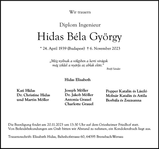 Traueranzeige von Hidas Bela György von Darmstädter Echo