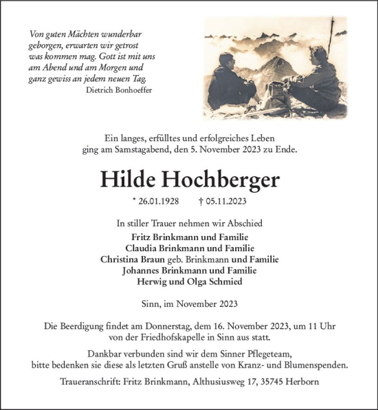 Traueranzeige von Hilde Hochberger von Dill Block