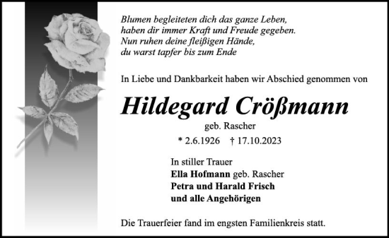 Traueranzeige von Hildegard Crößmann von Darmstädter Echo
