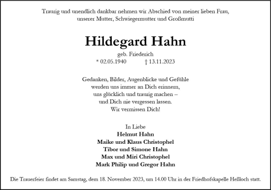 Traueranzeige von Hildegard Hahn von Wormser Zeitung