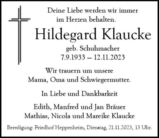 Traueranzeige von Hildegard Klaucke von Starkenburger Echo
