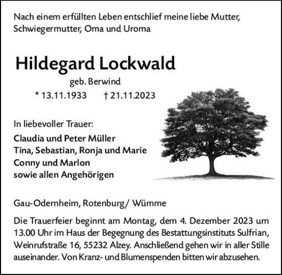 Traueranzeige von Hildegard Lockwald von Allgemeine Zeitung Alzey