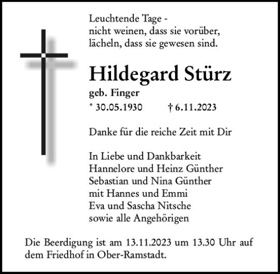 Traueranzeige von Hildegard Stürz von Darmstädter Echo