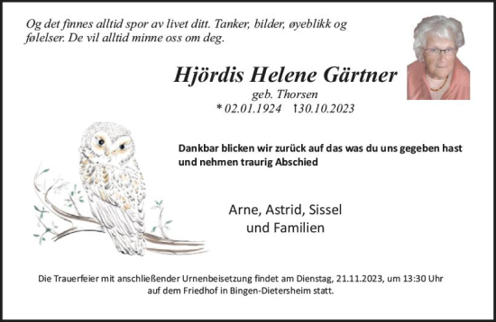 Traueranzeige von Hjördis Helene Gärtner von Allgemeine Zeitung Bingen/Ingelheim