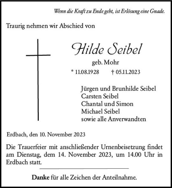 Traueranzeige von Hlide Seibel von Dill Block