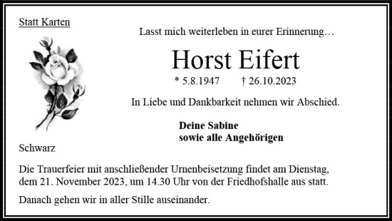 Traueranzeige von Horst Eifert von Oberhessen Kurier